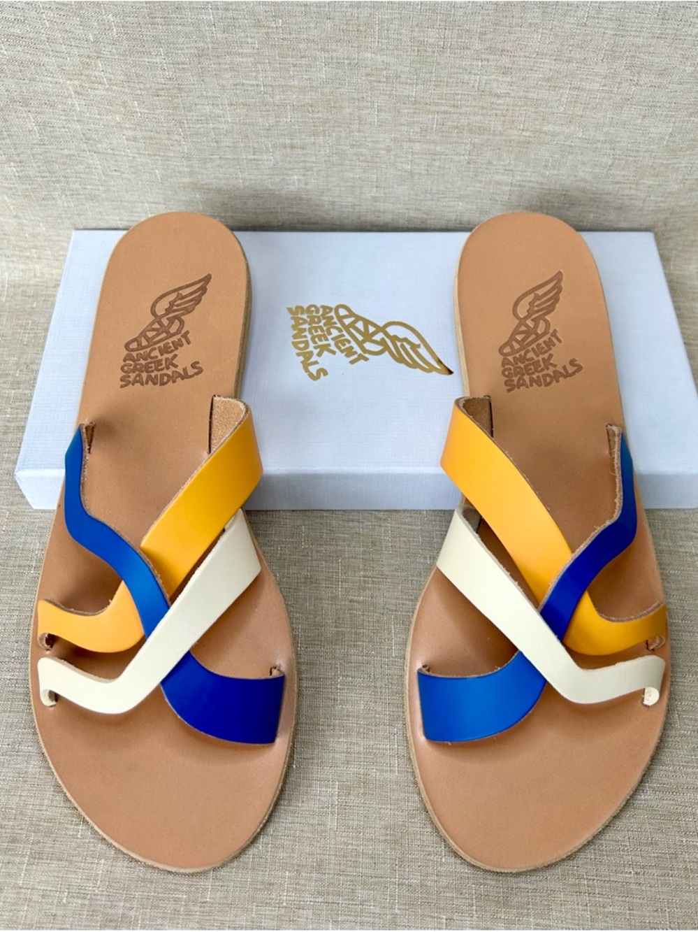 NWT Ancient Greek Sandals Leather Strappy Slides, Blue Multi 39 (US 8.5-9)